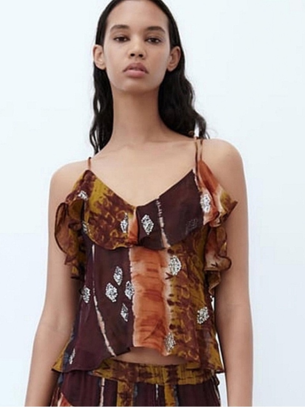 Zara Sheer Ruffle Embellished Tie Strap Top Brown Multi